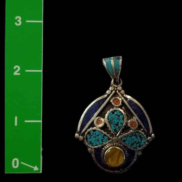 NEW Tibetan Pendant - Turquoise, Coral, Lapis, Green Stone & Tibetan Silver - Picture 5 of 5